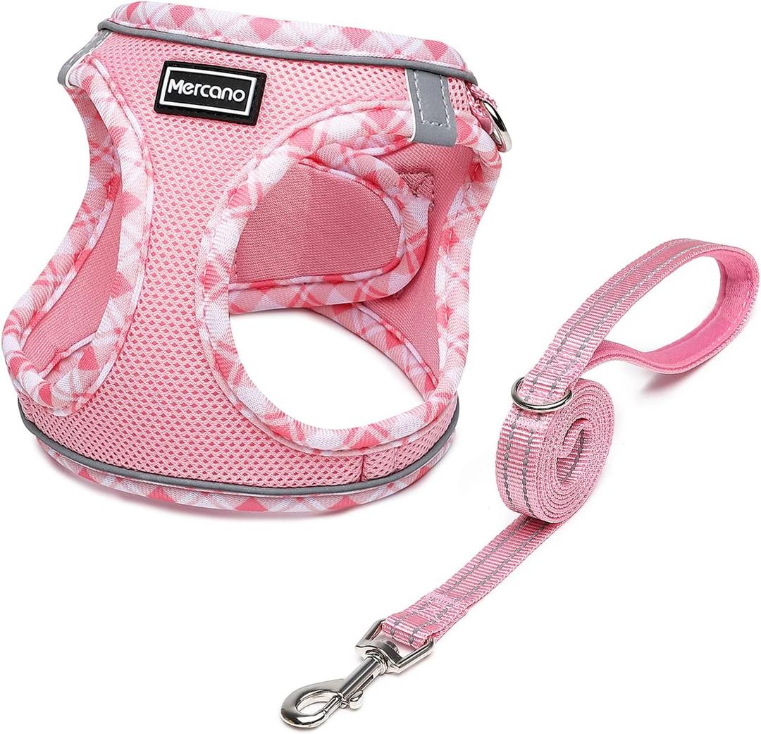 Mercano Soft Mesh Dog Harness and Leash Set, No-Chock Step-in Reflective Breathable Lightweight Easy Walk Vest Harnesses with Safety Buckle for Small Dogs, Cats (Pink, XL) 