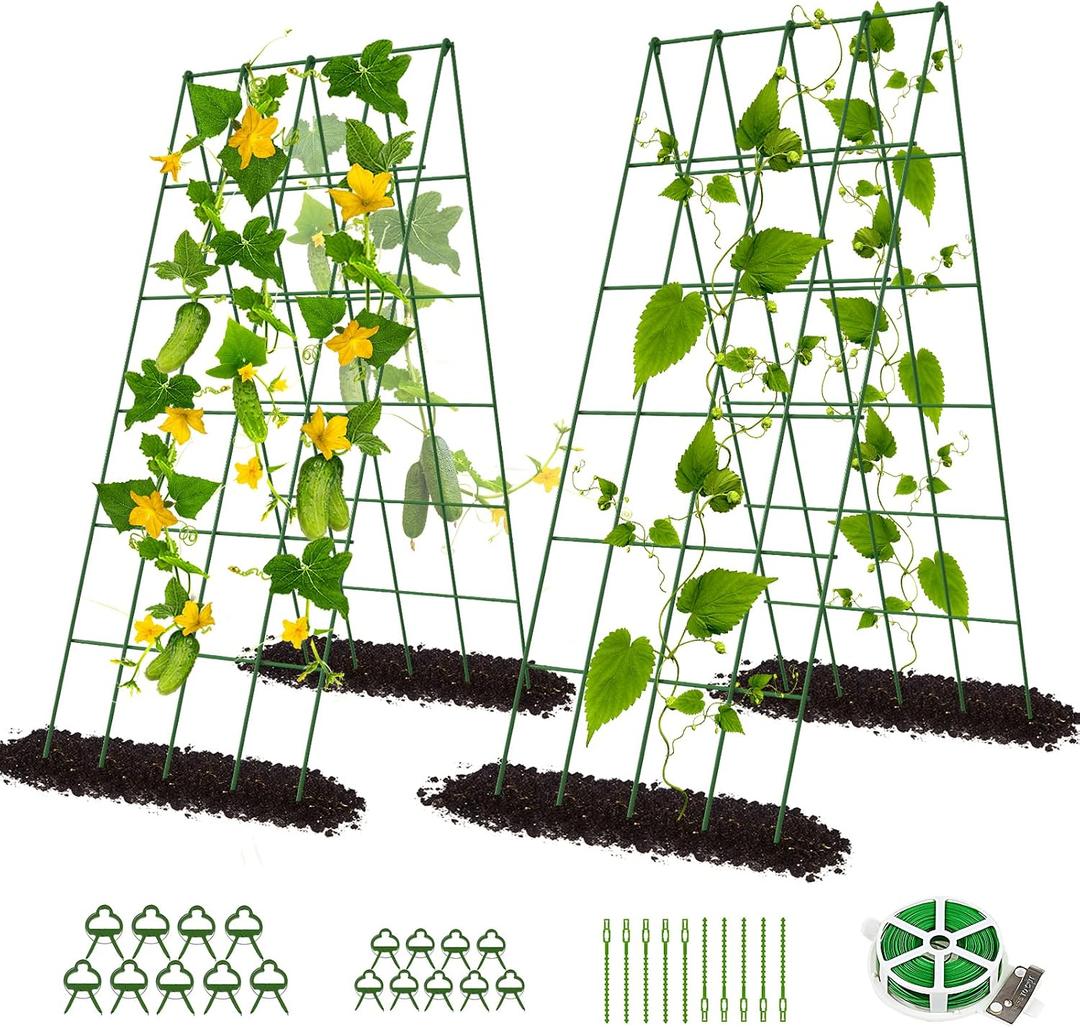 DoCred Cucumber Trellis, 2 Pack Foldable A Frame Trellis for Raised Bed Climbing Plants, Vegetables, Includes Plant Support Clips, Twist Ties, Plastic Ties- Made from PVC-Coated Steel, 39.4" H