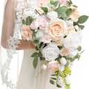 Ling's Moment Blush Pink Bridal Bouquet Cascading, Coral Wedding Bouquets for Bride, 13 Inch Bride Bouquets for Wedding Artificial Flowers Bouquets (Pk-cream & Blush)