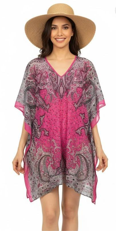 Tengru Short Kaftan Beach Cover ups Dresses for Women Ladies Dashiki African Caftan Loungewear Free Size (Pink)