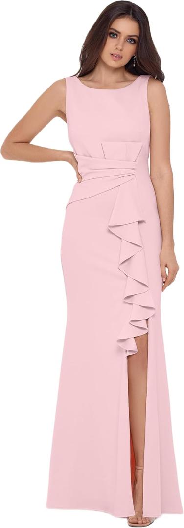 Betsy & Adam Women's Long Sleeveless Boat Neck Ruffle Side Slit Scuba Crepe Gown (Size 16)