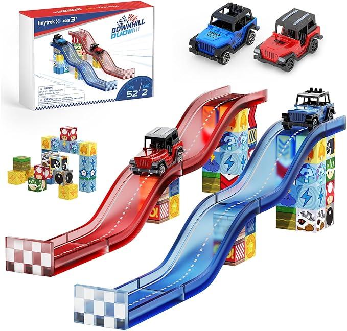 52 PCS Magnetic Tiles Race Car Track Set with 2 Racing Trucks, STEM Educational Travel Magnetic Building Blocks for Kids Ages 38, Montessori Sensory Toys Gifts for Toddler, Boys & Girls