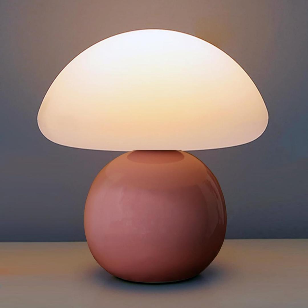 Cute Small Mushroom Lamp, PE Lampshade, Ceramic Spherical Base, Adjustable Light Color and Brightness, Safe USB Powered, Energy-Saving LED Mushroom Light for Bedroom Living Room (Pink)