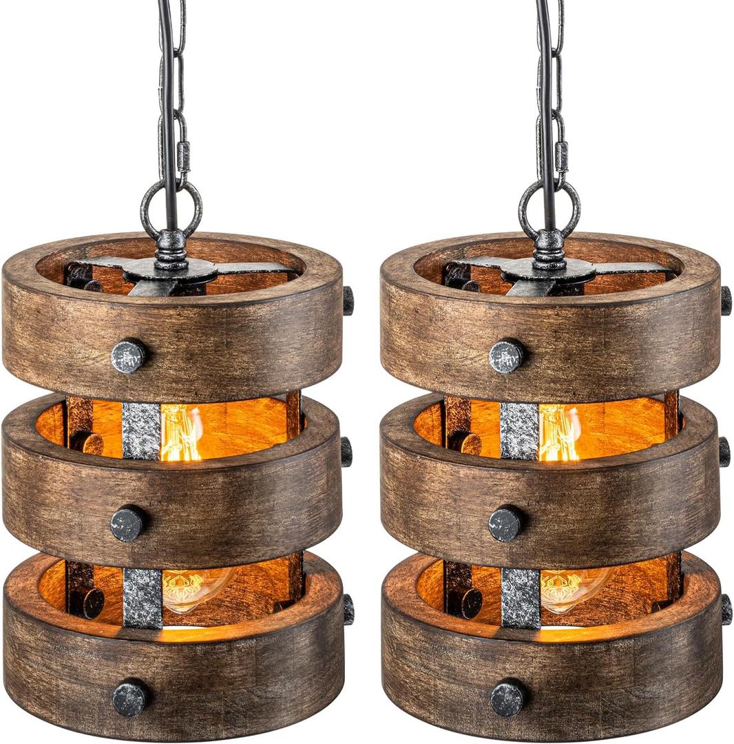 2pack Farmhouse Wood Pendant Lights Kitchen Island, Dining Room Lighting Fixtures Over Table Rustic Chandelier Height Adjustable Hallway Light for Foyer Living Room Bar Restaurant (Dark Brown-2 Pack)