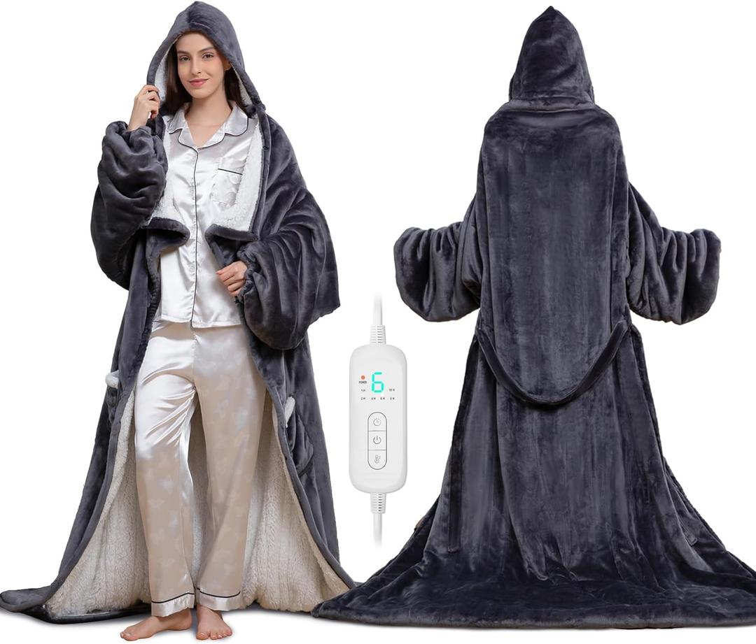 Wearable Heated Blanket with Heated Foot Pocket, Electric Wearable Throw Blanket with Sleeves, Hood, Foldable Foot Pocket, Heated Blanket Throw with 8 Heat Levels, 1-10H Auto Off Settings, 50*70"