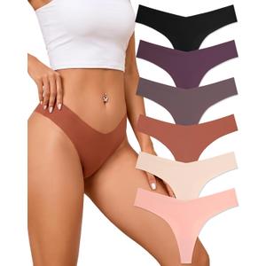 FINETOO Seamless Thongs for Women Sexy No Show Panties Invisible V-waisted Stretch Lingerie Underwear 6 Pack (L)