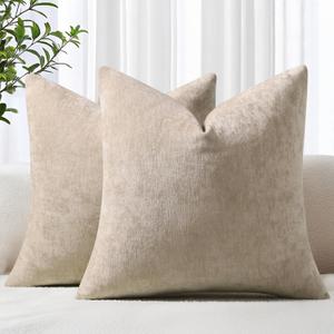 decorUhome Chenille Beige Christmas Throw Pillow Covers 18x18 Inch Set of 2, Decorative Soft Couch Pillow Covers Solid Dyed Accent Farmhouse Neutral Square Pillow Cases for Sofa