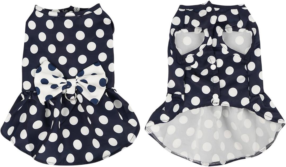 Cute Polka Dots Cat Small Dog Dress with Bow Tie Summer Clothes with D-Ring on The Back for Puppy Cat(Navy with White Dots, Large) (Large (Chest Girth 42cm/16.5in))