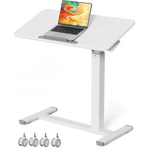 Mobile Standing Desk, Height Adjustable Left/Right Overbed Bedside Table, 90 Tiltable Portable Laptop Desk with Wheels, Foldable Computer Cart for Hospital Home Use, White, 40cm x 80cm x 69cm