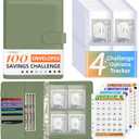 100 Envelopes Money Saving Challenge Binder, A5 Budget Binder with Envelopes and Challenge Tracker, Savings Challenges Planner Book to Save $500, $1000, $5050, $10000 (Olive Green)