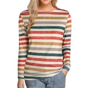 LilyCoco Womens Colorful Striped Long Sleeve Shirt Boat Neck Tops Loose Fit T Shirt Orange Multicolor Large