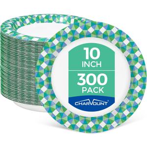 Charmount 300 Count 10 Inch Paper Plates, Soak-Proof, Cut Proof, Disposable Heavy Duty Plates for Everyday Use, Picnic, Family Gatherings, Parties