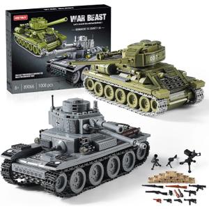 WW2 Army Tanks Toy Building Sets (1008 Pieces) Compatible with Lego, Create a Soviet T-34 & German Panzer 38(t) Tank, Great Military Model Toys Gift for Boys, Kids, and Teens Age 8+