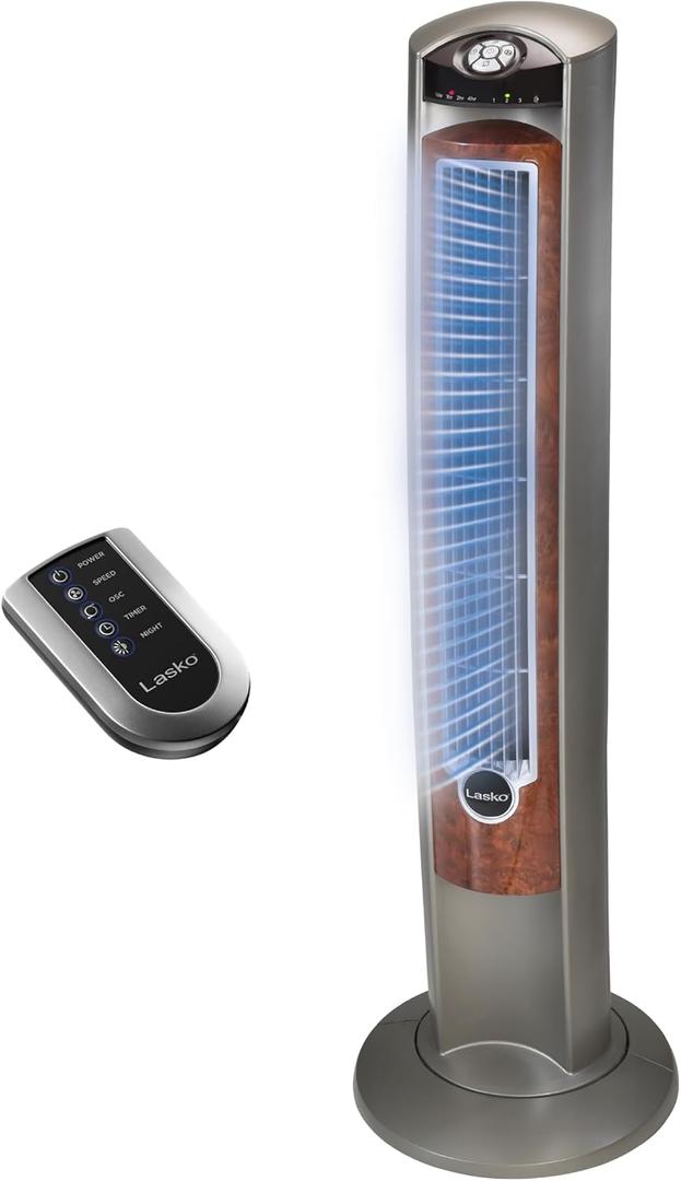 Lasko Oscillating Tower Fan with Remote, Quiet Floor Fans for Bedroom, 42", Woodgrain and Grey, T42954, 42.5"