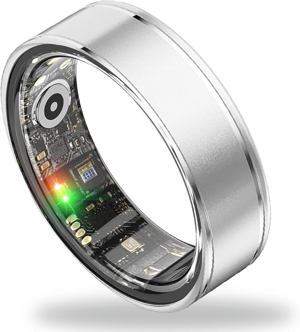 Smart Ring Health Tracker, Fitness Tracker Ring for Women Men, Monitoring of Pedometer, SpO2, Sleep Quality, Heart Rate, No Subscription Fee, Sport Rings for iOS & Android (Silver, 7)