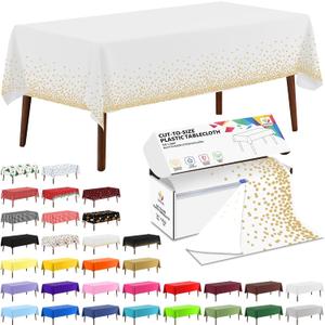 CXPSINC 54 Inch X 300 Feet Plastic Table Cover Roll Disposable Tablecloth with Slide Cutter for All Type/Shape Tables | Picnic, Party, Banquet, Birthdays, Weddings (White & Gold Dot, 300 Feet)