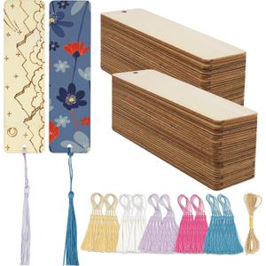 SWATOM Wood Bookmarks Blank DIY Wooden Bookmark Craft Bulk 50 PCS Unfinished Wood Tags Rectangle Shape Ornaments with Holes and Tassels for Wedding Party Birthday Decoration