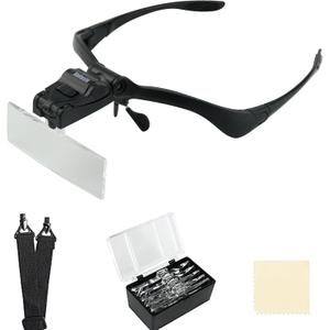 Headhand Magnifier Glasses with 2 LED Professional Jeweler's Loupe Light Bracket and Headband are Interchangeable 5Lens Glass Magnifying Visor