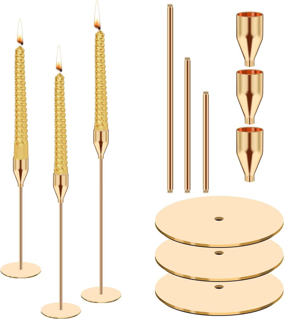 VIJIV Candle Sticks Holder Set of 3, Brass Gold Candelabra Candle Holder Taper, Vintage Modern Candlestick Holders Tapered Bulk Decorative for Table Centerpiece Wedding Dining Home Decor