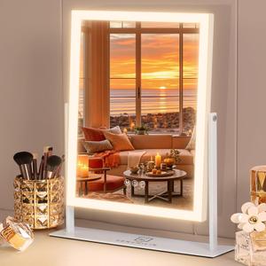 FENCHILIN Vanity Mirror with Lights 16.14" x 11.81",Lighted Makeup Mirror and Hollywood Mirror with Smart Touch Control 3 Colors Dimmable LED Light, 360Rotation 10X Magnification(White)
