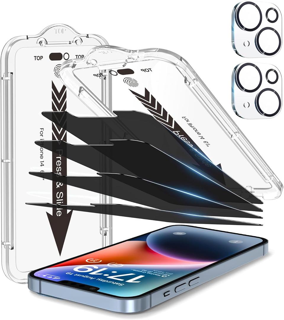 EZ-GLAZ 4-Pack Screen Protector for iPhone 14 6.1 inch Black Privacy with Flawless Fit Kit + 2-Pack Camera Lens Protector, 15-Second Bubble-Free Installation, 9H Hardness, 12FT Military Grade Shatterproof, Scratch Resistant, Tempered Glass