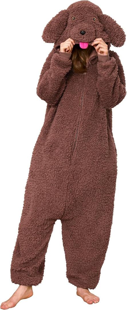 Loiahoer Unisex Animal Poodle Puppy Dog Costume Onesie Pajamas Halloween Costume Christmas Pajamas Gifts for Women & Men (Brown)