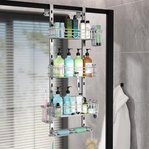 HapiRm Hanging Shower Caddy Organizer - Shower Shelf with 22 Hooks and 2 Toothbrush Holders, No Drilling Adjustable Hanging Bathroom Organizer - Silver (4-tier)