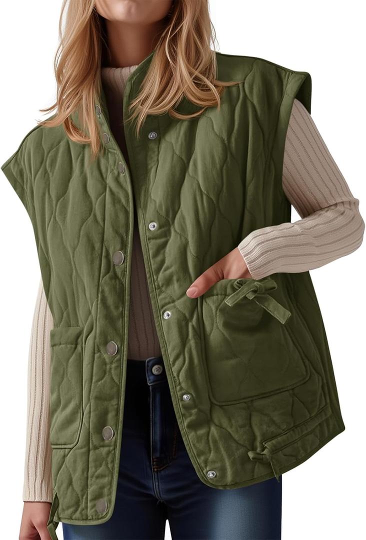 Cicy Bell Womens Puffer Quilted Vest Lightweight Stand Collar Cap Sleeve Jackets Button Down Padded Gilet Winter Outerwear (Green)