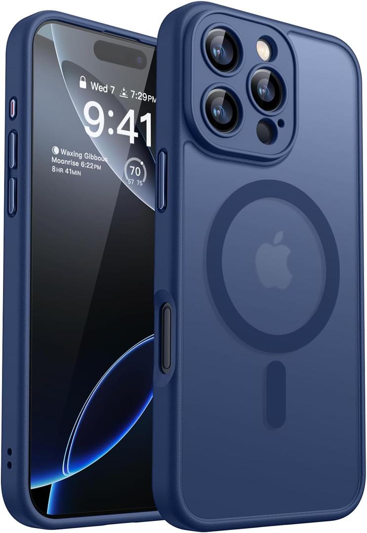CANSHN Magnetic Compatible with iPhone 16 Pro Case, Upgraded [Full Camera Protection] [Compatible with Magsafe] [Translucent Matte] Shockproof Protective Phone Case Cover 6.3 Inch - Deep Blue