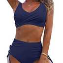 Fanuerg Women's Twist Front High Waisted Bikini Swimsuit Drawstring Tie Side Bottom Two Piece Bathing Suit M