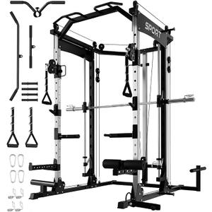 Garvee S1-V4 Smith Machine, 2000LBS Power Cage with Cable Crossover System, All-in-One Squat Rack with Smith Bar, Workout Cage Strength Training Equipment with Attachments