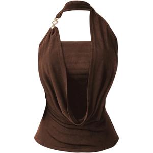 Women's Plus Size Draped Halter Tops Backless Sleeveless Fitted Elegant Top Night Out Clothes (Brown, XL)