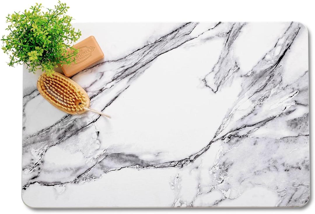 Stone Bath Mat, Non-Slip Natural Diatomaceous Earth Bath Mat, 23.5" x 15.5" Super Absorbent Quick Drying, Multifunctional Bath Stone Mat, White Marble