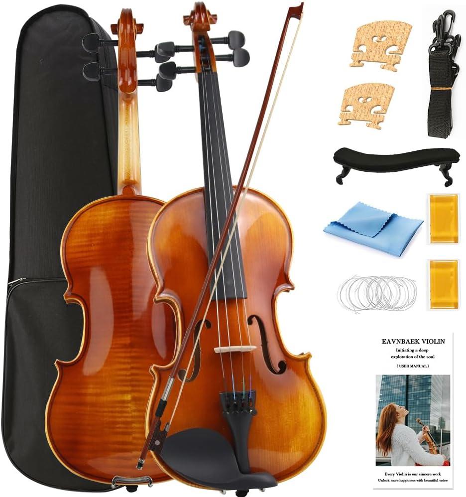 3/4 Violin Set, Solid Wood Fiddle for Adults Student Beginners Professionals, with Hard Case, Violin Bow, Shoulder Rest, 2 Rosins and Extra String