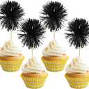 Gyufise 30Pcs Foil Firework Cupcake Toppers Sparkle Tinsel Cake Toppers Tinsel Drink Cake Decoration Cocktail Picks for Birthday Wedding Graduation Party Supplies Black