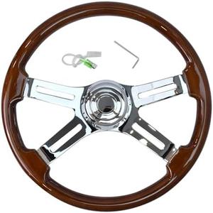 TIYPEOR 18'' Wooden Steering Wheel with 4 Spokes and 2'' Deep Plated Bracket, Modified Interior Accessory for Semi-Trailers, Compatible with Kenworth, Peterbilt, Volvo, Freightliner Trucks