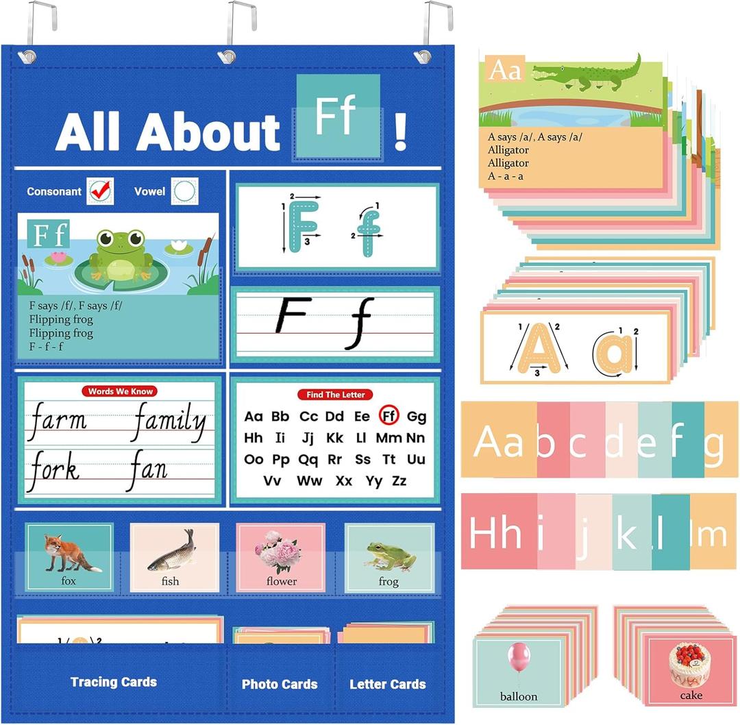 All About Letters Pocket Chart for Classroom, Alphabet Learning Chart with ABC Flash Cards, Letter Tracing Educational Wall Chart, Circle Time Center Kindergarten Preschool Home Decor, (Blue)