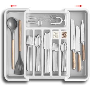 Silverware Drawer Organizer, Expandable Utensil Tray for Kitchen, BPA Free Flatware and Cutlery Holder, Adjustable Plastic Storage for Spoons Forks Knives, Large, Clear