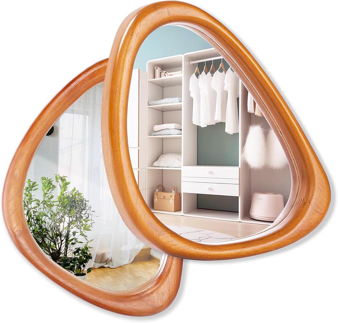 MAGFLERUM Asymmetrical Mirror Set of 2, 15 * 10 inch Irregular Wall Mirror, Small Wood Mirror, Hanging Vertically and Horizontally. Mirrors for Wall Decor (Red Walnut)