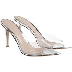 Women'S Clear Pointed Open Toe Stiletto Heel Slide Sandals Fashion Sexy Slip On Transparent Strap High Heels Mules Summer Backless Party Wedding Prom Dress Shoes (Silver) size 42