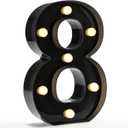 Pooqla Decorative Led Light Up Number Letters, Black Plastic Marquee Number Lights Sign for 8th 18th 80th Birthday Party Wedding Decor Battery Operated Black Decoration 8
