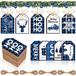 Blulu 60 Pcs Buffalo Plaid Wooden Tag Labels - Rustic Christmas Wishes Holiday Tags with Jute Ropes, 3 x 2 Inch