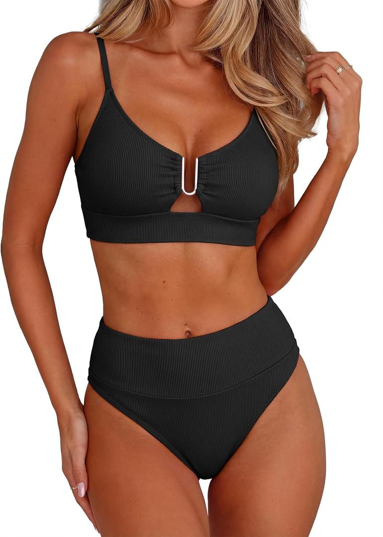 ANRABESS Bikini Sets for Women Summer High Waisted 2 Piece Bathing Suit Ribbed U-Wire Cutout Swimsuit Beach Vacation 2026, Size: X-Large