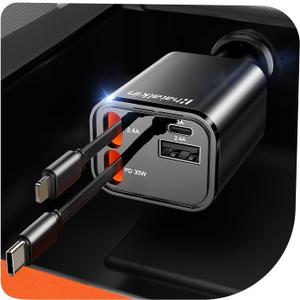 [2025 Ultra-Compact] Retractable Car Charger 4 in 1, 69W Car Phone Charger Compatible with iPhone 16 Car Charger Fast Charging, Car Accessories, Car Charger Adapter for iPhone 16/15/14/13/Galaxy (Cord for apple+Type C, Black)