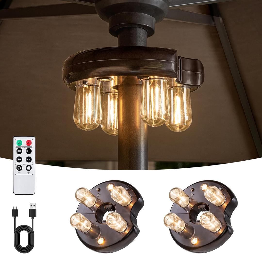 Patio Umbrella Light with Remote Control, Rechargeable Cordless LED Edison Bulbs Pole Light with 10 Brightness Levels for Garden, Patio, Backyard, Camping or BBQ - Brown (2 Pack)