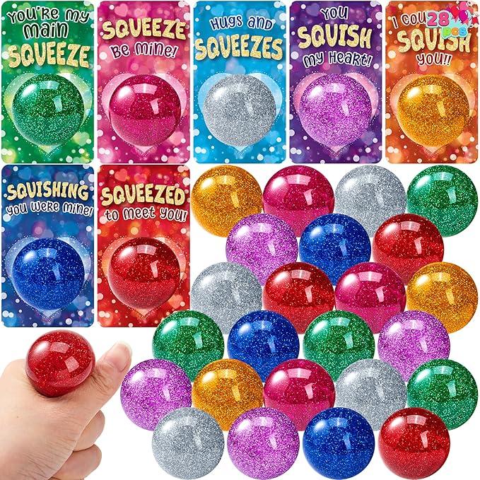 JOYIN 28 Packs Valentines Day Stretchy Balls with Cards, Classroom Exchange Gift for Kids, Valentine's Party Favors, Classroom Holiday Reward Prizes, Stress Relief Stretch Balls
