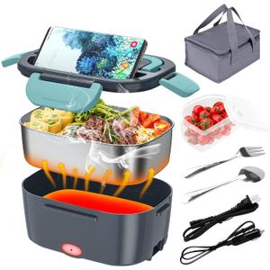 CHARMDOO Electric Lunch Box, Food Warmer Heater 12V 24V 110V, 80W Faster Heated Lunch Box for Car/Truck/Home Portable Heating Boxes with 1.5L 304 SS Container Fork & Spoon (Dark gray+Green)