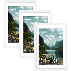 Picrit 24x36 Picture Frame 3 Pack, White Poster Frame, Display Poster 20 x 30 with Mat or 24 x 36 without Mat for Horizontal or Vertical Wall Mounting