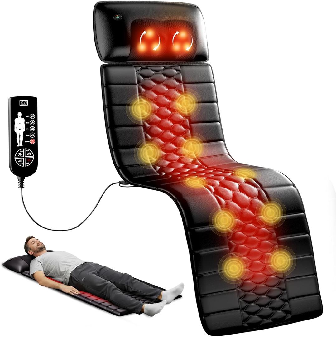 Shiatsu Full Body Massage Mat with Heat, Detachable Massager Pad, 10 Vibrating Motors, 9 Intensity Levels, Deep Tissue Pain Relief for Back, Neck & Legs  Relaxation at Home or Office (Standard)