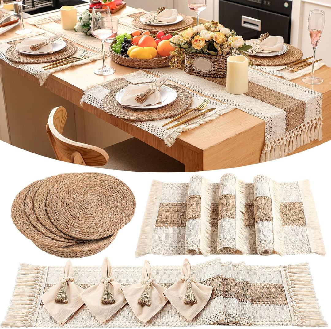 4 Sets Boho Placemats Round Woven Placemats, Cloth Napkins, Wood Bead Napkin Rings, Long Table Runner and Farmhouse Rustic Placemats Natural Burlap Cotton for Kitchen Dining Table Home